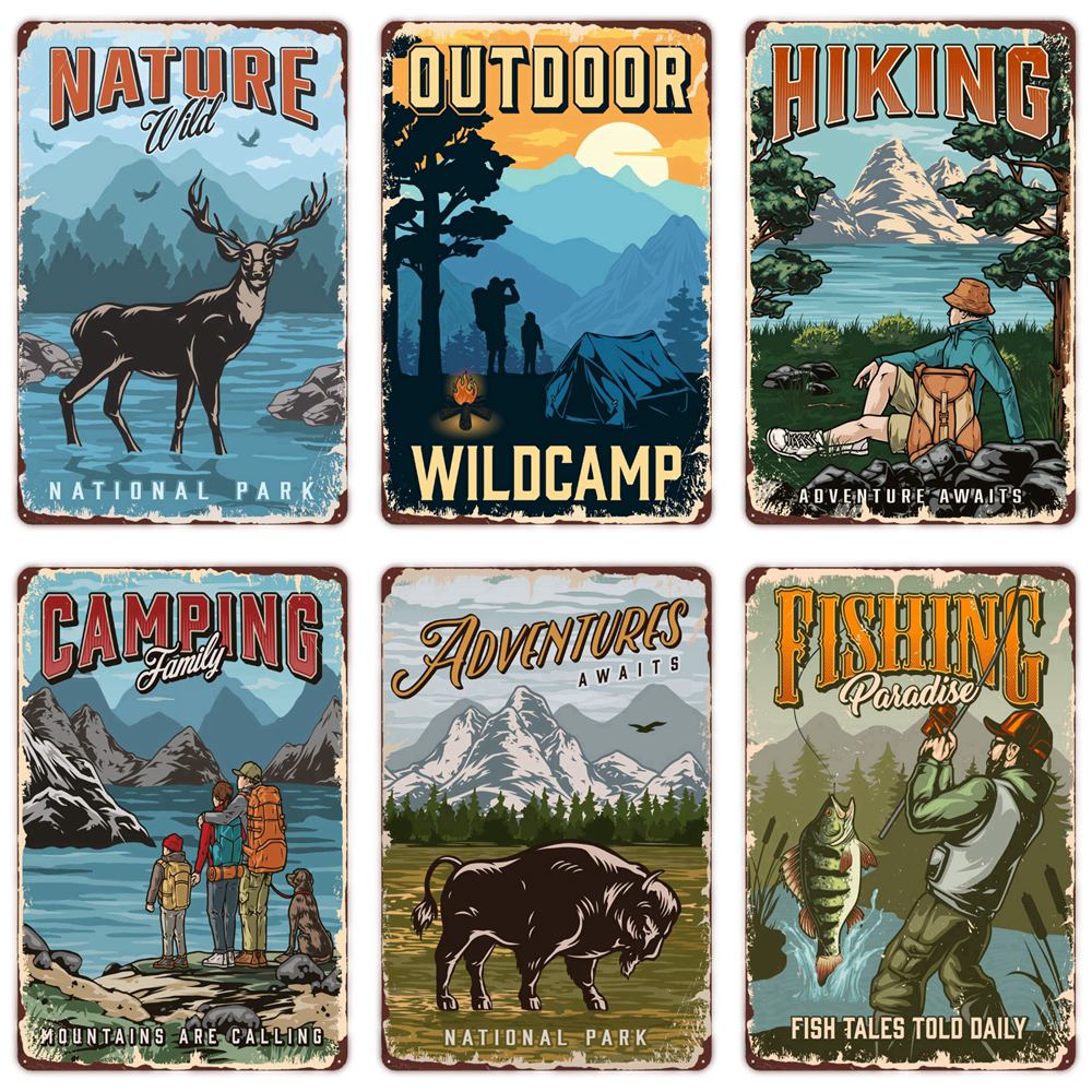 Outdoor Adventure Club - Camping Family Tin Sign, Fishing Vintage